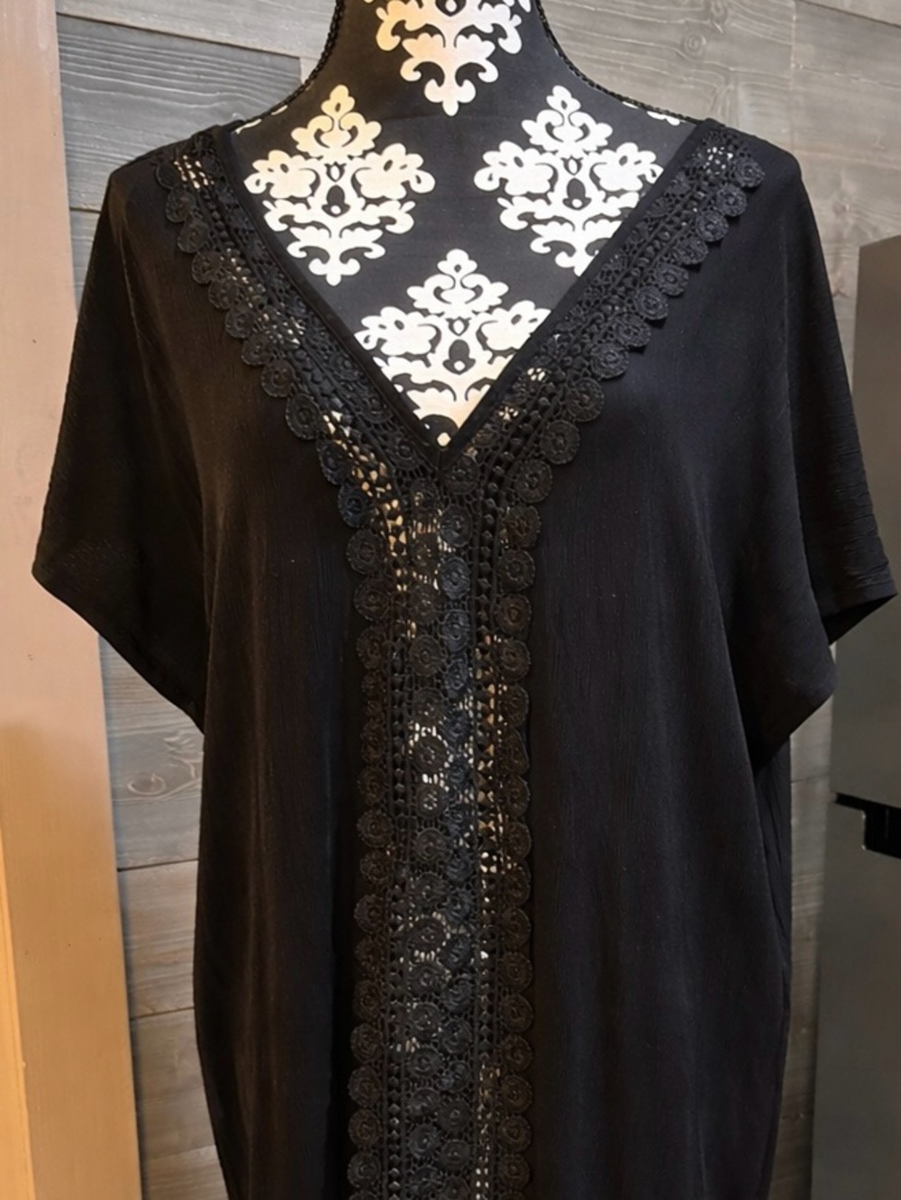 Kona Sol Black Crochet Trim V-Neck Tunic Dress size XL